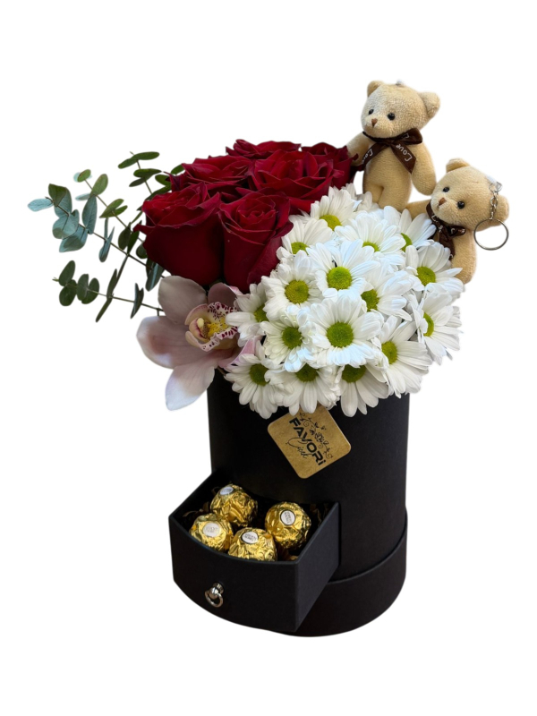 Çekmeceli Siyah Kutuda Gül, Papatya & Orkide