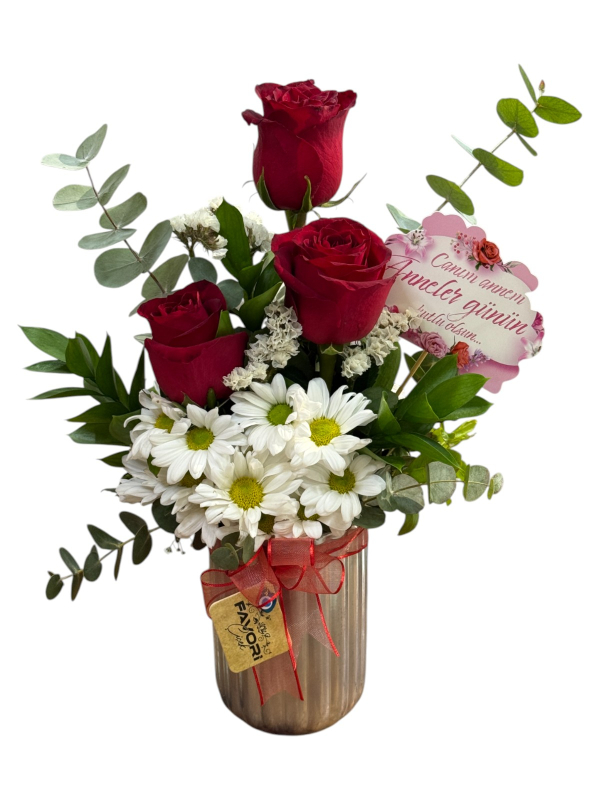 Vazoda Kırmızı Gül ve Papatya Aranjmanı