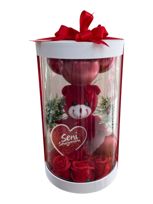 Asetatlı Şeffaf Silindir Kutuda Kırmızı Ayıcık