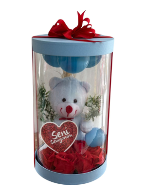 Asetatlı Şeffaf Silindir Kutuda Mavi Ayıcık